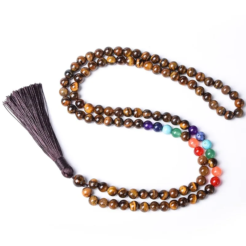 8mm Yellow Tiger Eye 7 Chakra Beaded Necklace