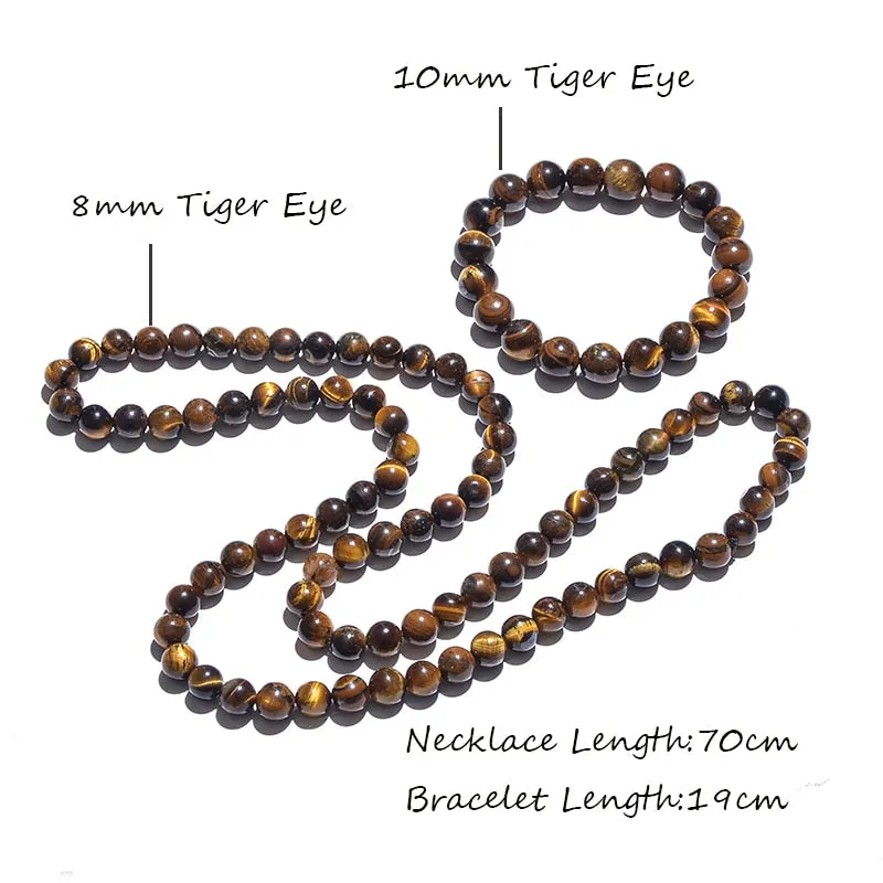 8mm Yellow Tiger Eye Choker Necklace for Men and Women Beaded Long Necklace Jewelry Bracelet Set