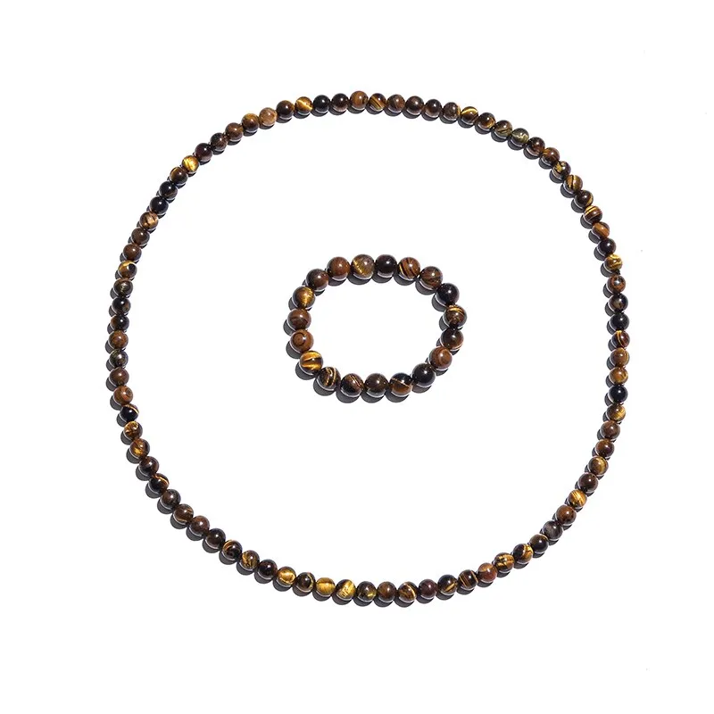 8mm Yellow Tiger Eye Choker Necklace for Men and Women Beaded Long Necklace Jewelry Bracelet Set