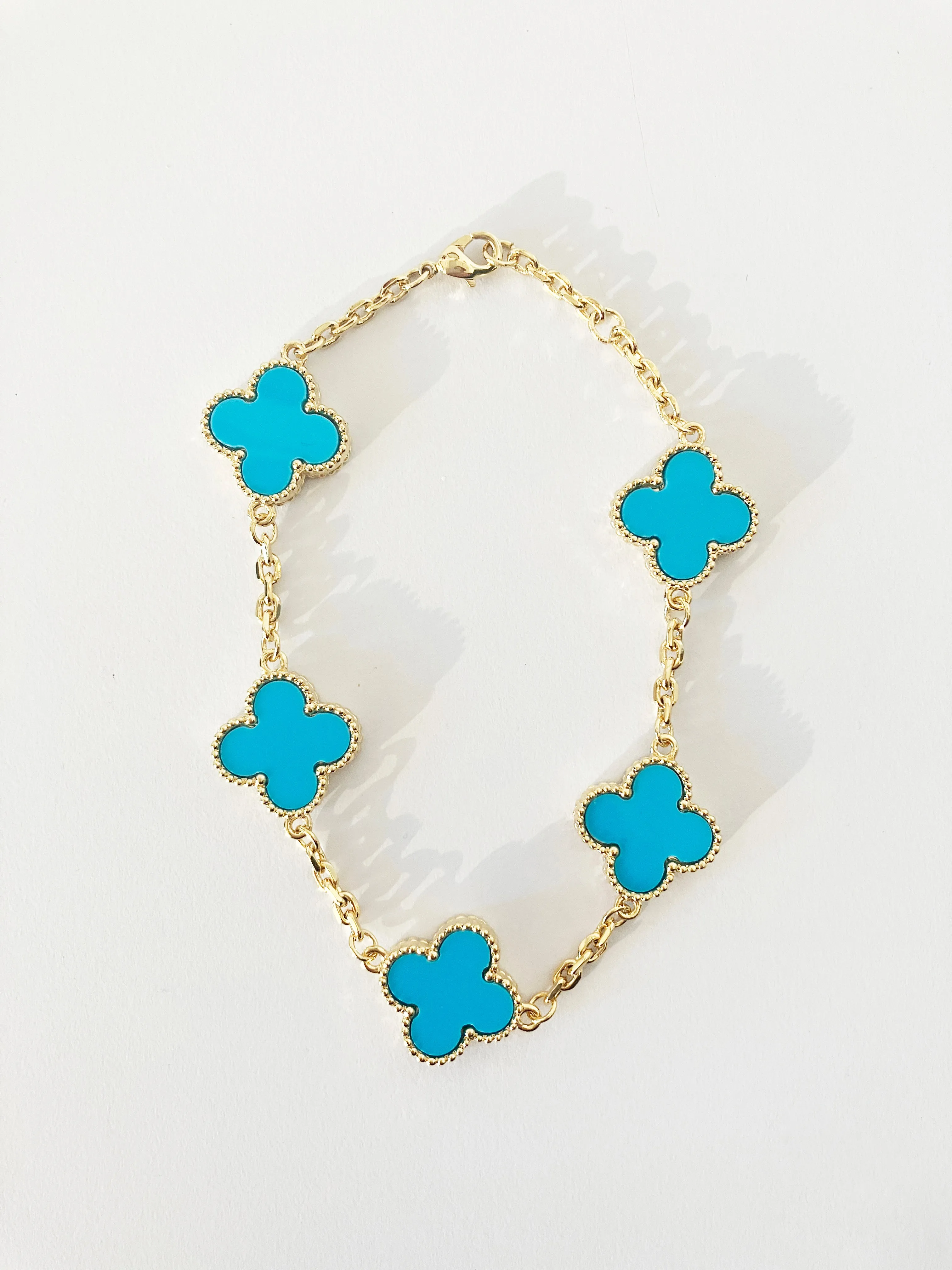 Adjustable 8.5" Turquoise Quatrefoil Bracelet in Gold