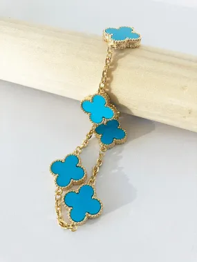 Adjustable 8.5" Turquoise Quatrefoil Bracelet in Gold