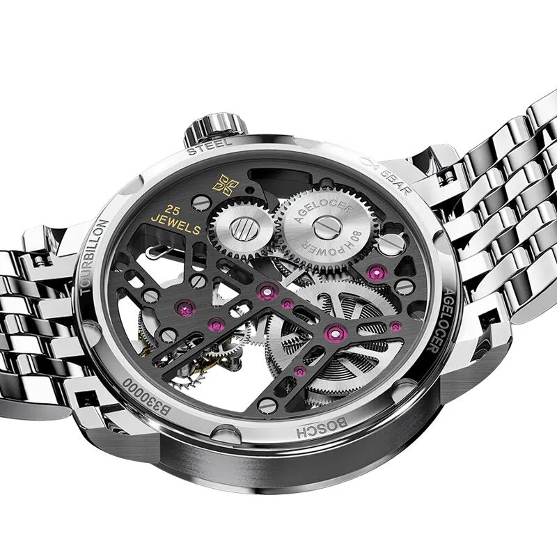 AGELOCER Men&#39;s Hollow Out Tourbillon Mens Watch Skeleton Movement Wristwatch Sapphire Luxury Watch For Men montre Bracelet homme