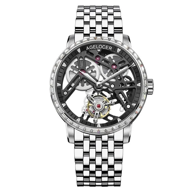 AGELOCER Men&#39;s Hollow Out Tourbillon Mens Watch Skeleton Movement Wristwatch Sapphire Luxury Watch For Men montre Bracelet homme