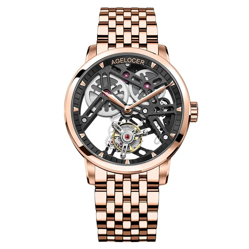 AGELOCER Men&#39;s Hollow Out Tourbillon Mens Watch Skeleton Movement Wristwatch Sapphire Luxury Watch For Men montre Bracelet homme