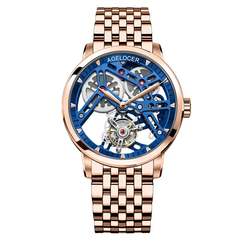 AGELOCER Men&#39;s Hollow Out Tourbillon Mens Watch Skeleton Movement Wristwatch Sapphire Luxury Watch For Men montre Bracelet homme