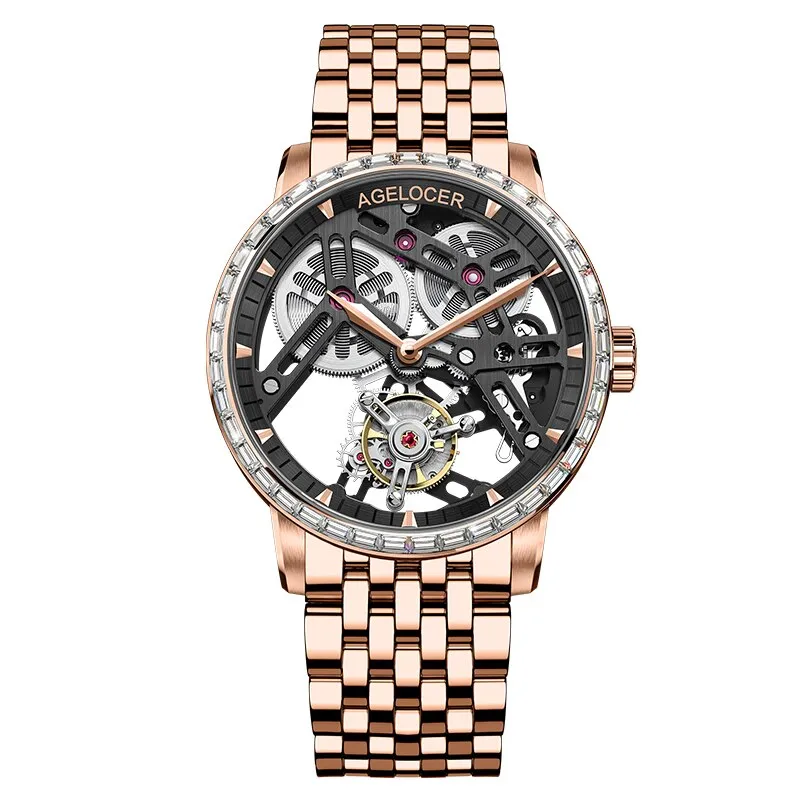 AGELOCER Men&#39;s Hollow Out Tourbillon Mens Watch Skeleton Movement Wristwatch Sapphire Luxury Watch For Men montre Bracelet homme