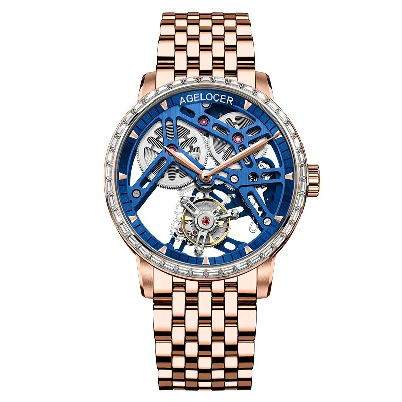 AGELOCER Men&#39;s Hollow Out Tourbillon Mens Watch Skeleton Movement Wristwatch Sapphire Luxury Watch For Men montre Bracelet homme
