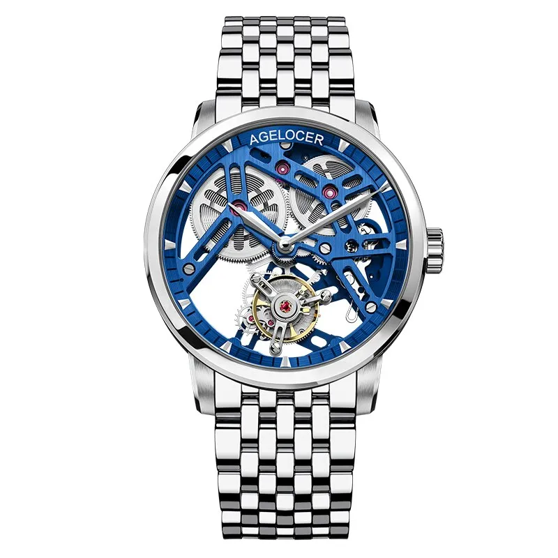 AGELOCER Men&#39;s Hollow Out Tourbillon Mens Watch Skeleton Movement Wristwatch Sapphire Luxury Watch For Men montre Bracelet homme