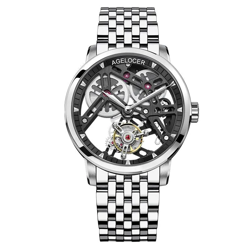 AGELOCER Men&#39;s Hollow Out Tourbillon Mens Watch Skeleton Movement Wristwatch Sapphire Luxury Watch For Men montre Bracelet homme