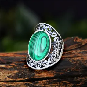 Antique Silver Plated Natural Stone Unakite Tiger Eye Flower Ring