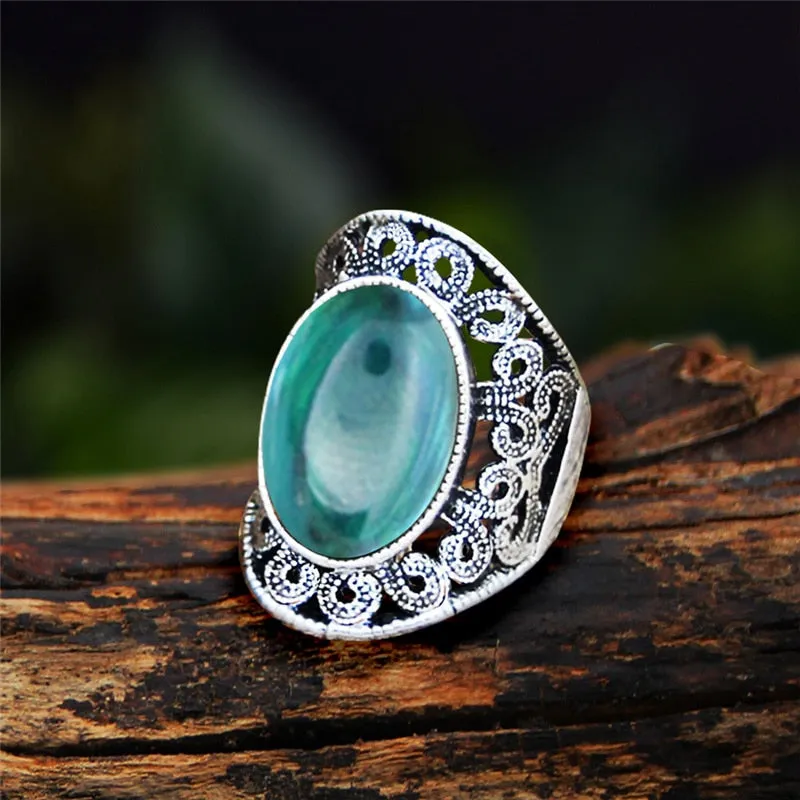 Antique Silver Plated Natural Stone Unakite Tiger Eye Flower Ring