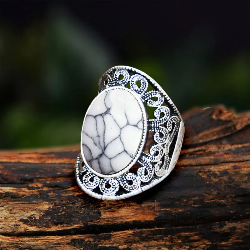 Antique Silver Plated Natural Stone Unakite Tiger Eye Flower Ring