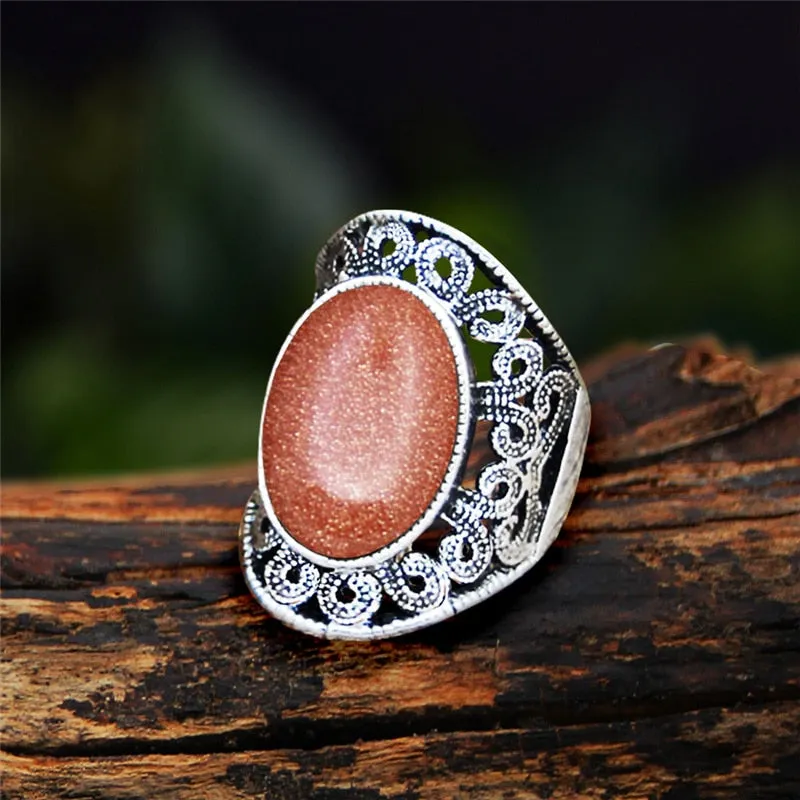 Antique Silver Plated Natural Stone Unakite Tiger Eye Flower Ring