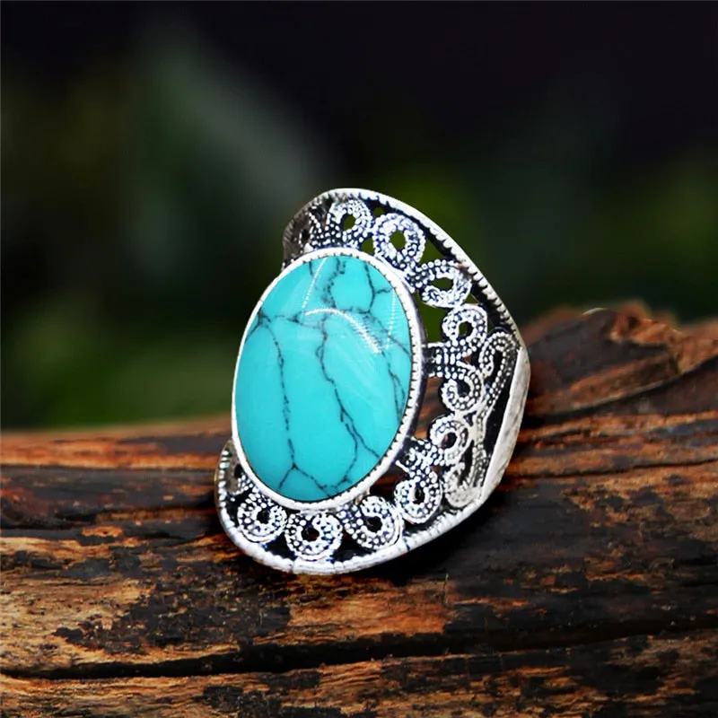 Antique Silver Plated Natural Stone Unakite Tiger Eye Flower Ring