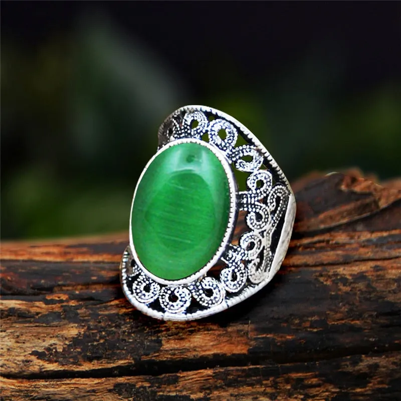 Antique Silver Plated Natural Stone Unakite Tiger Eye Flower Ring