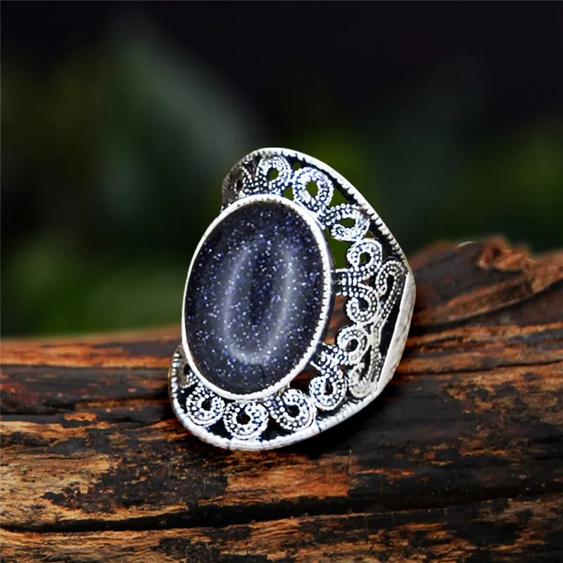 Antique Silver Plated Natural Stone Unakite Tiger Eye Flower Ring