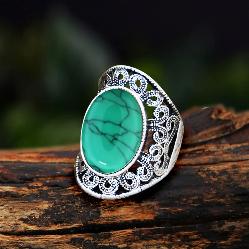 Antique Silver Plated Natural Stone Unakite Tiger Eye Flower Ring