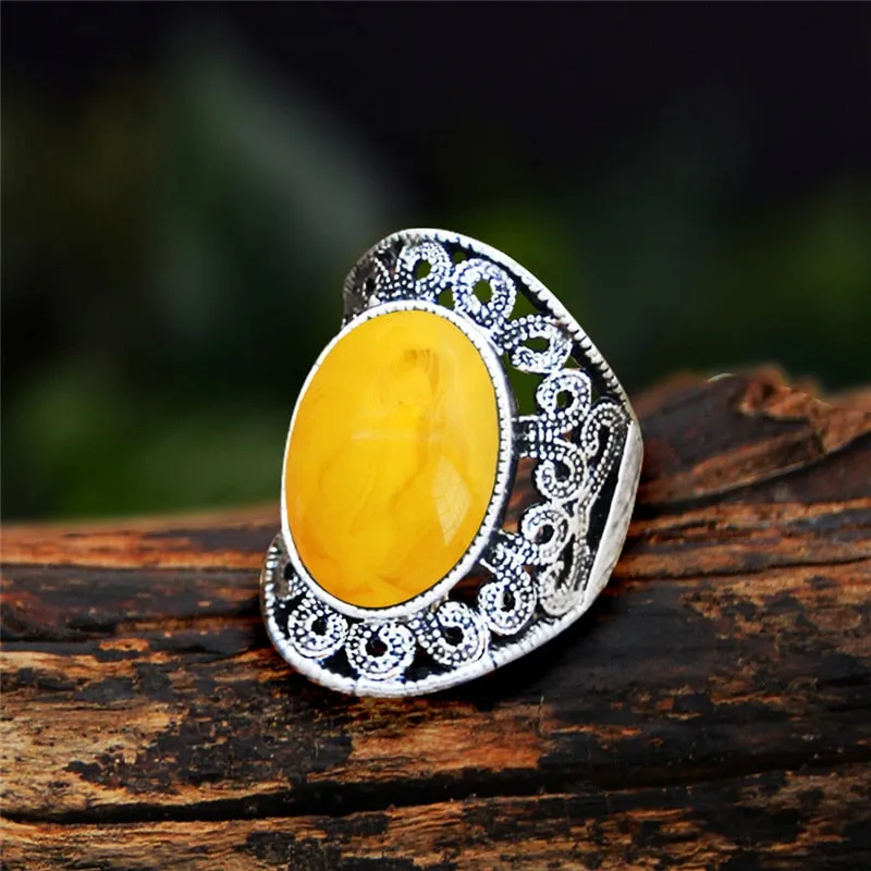 Antique Silver Plated Natural Stone Unakite Tiger Eye Flower Ring