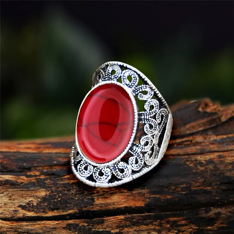 Antique Silver Plated Natural Stone Unakite Tiger Eye Flower Ring