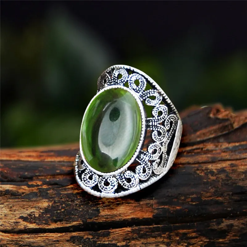 Antique Silver Plated Natural Stone Unakite Tiger Eye Flower Ring