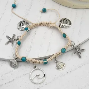 BESHEEK White and Blue Waxen Cord Seaside Macrame Adjustable Slide Anklet | Handmade Hypoallergenic Beach Gala Wedding Style Jewelry