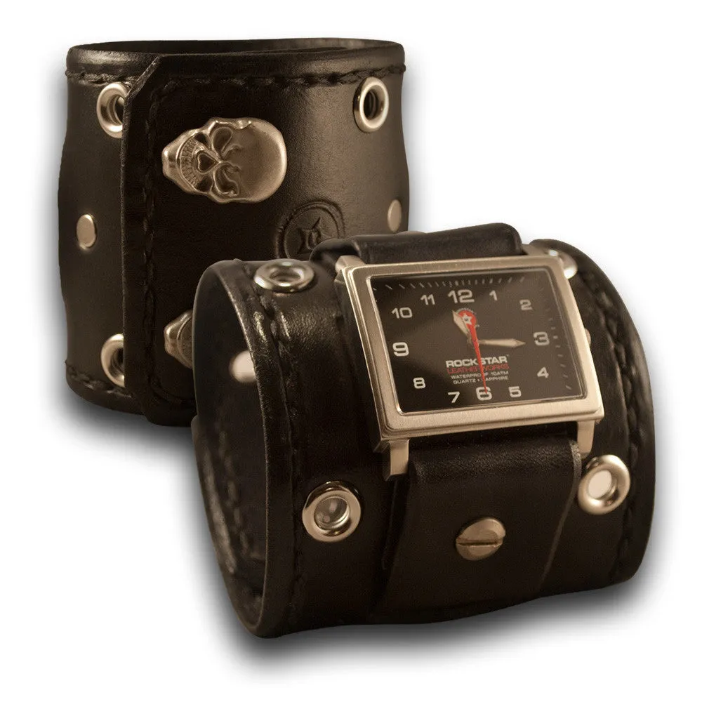 Black Leather Cuff Watch with 42mm, Eyelets & Skull Snaps