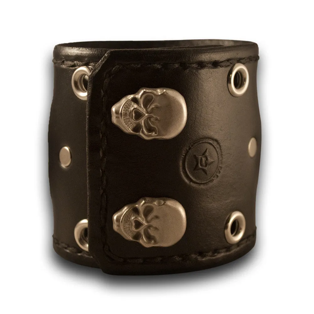 Black Leather Cuff Watch with 42mm, Eyelets & Skull Snaps