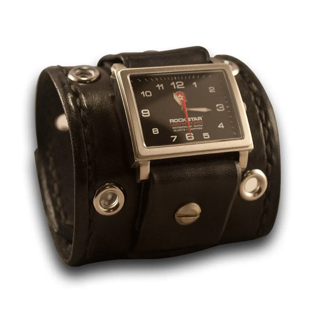 Black Leather Cuff Watch with 42mm, Eyelets & Skull Snaps