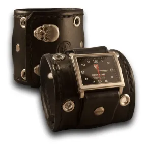 Black Leather Cuff Watch with 42mm, Eyelets & Skull Snaps