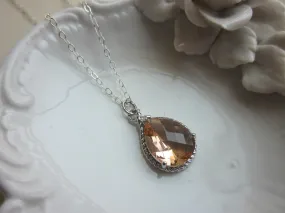 Blush Champagne Necklace Peach Pink Silver Teardrop - Sterling Silver Chain - Bridesmaid Necklace - Bridesmaid Jewelry - Valentines Day Gift