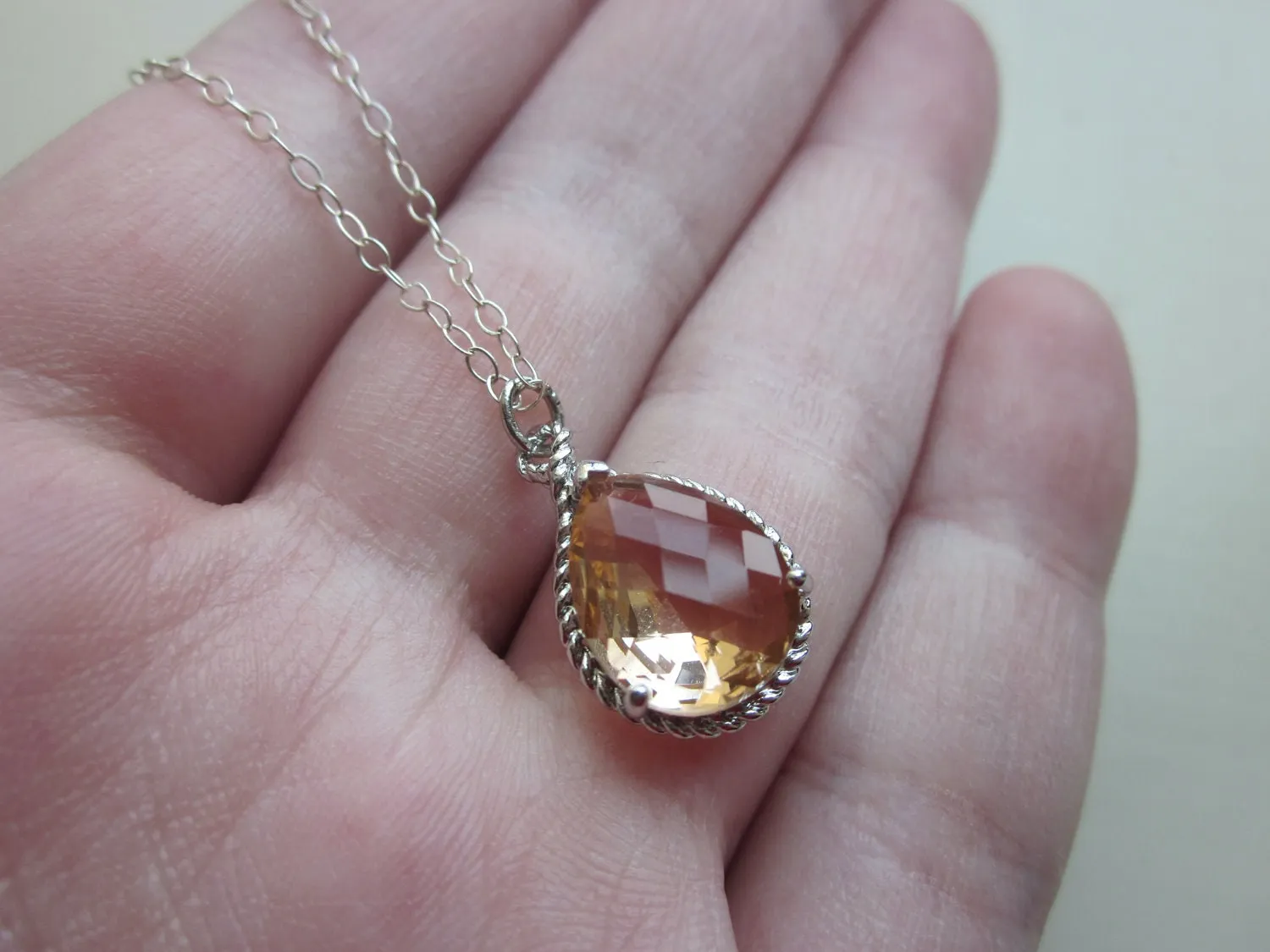 Blush Champagne Necklace Peach Pink Silver Teardrop - Sterling Silver Chain - Bridesmaid Necklace - Bridesmaid Jewelry - Valentines Day Gift