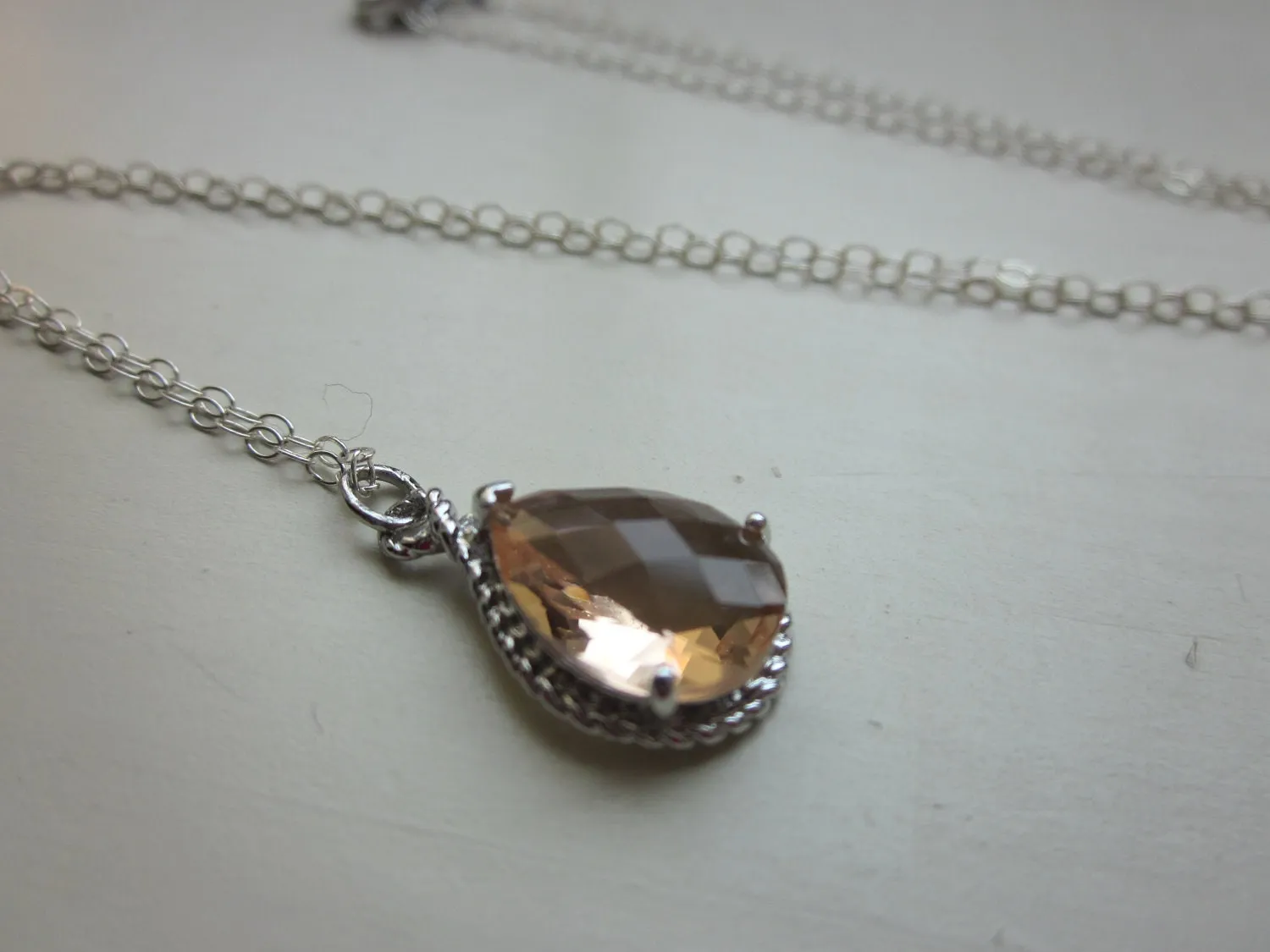 Blush Champagne Necklace Peach Pink Silver Teardrop - Sterling Silver Chain - Bridesmaid Necklace - Bridesmaid Jewelry - Valentines Day Gift