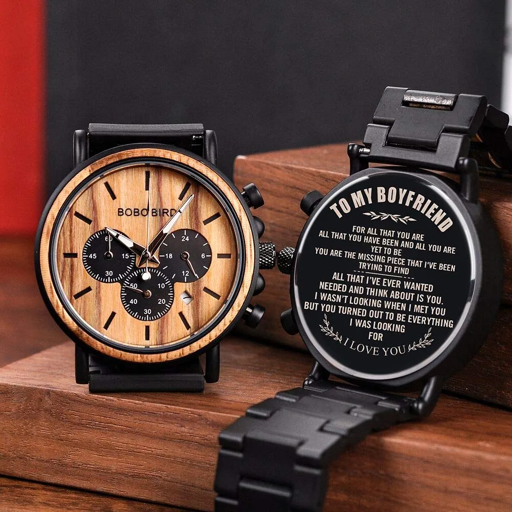 BOBO BIRD Mens Personalized Engraved Wooden Watches, Stylish Wood & Stainless Steel Combined Quartz Casual Wristwatches for Men Family Friends Customized Watch A-For Boyfriend