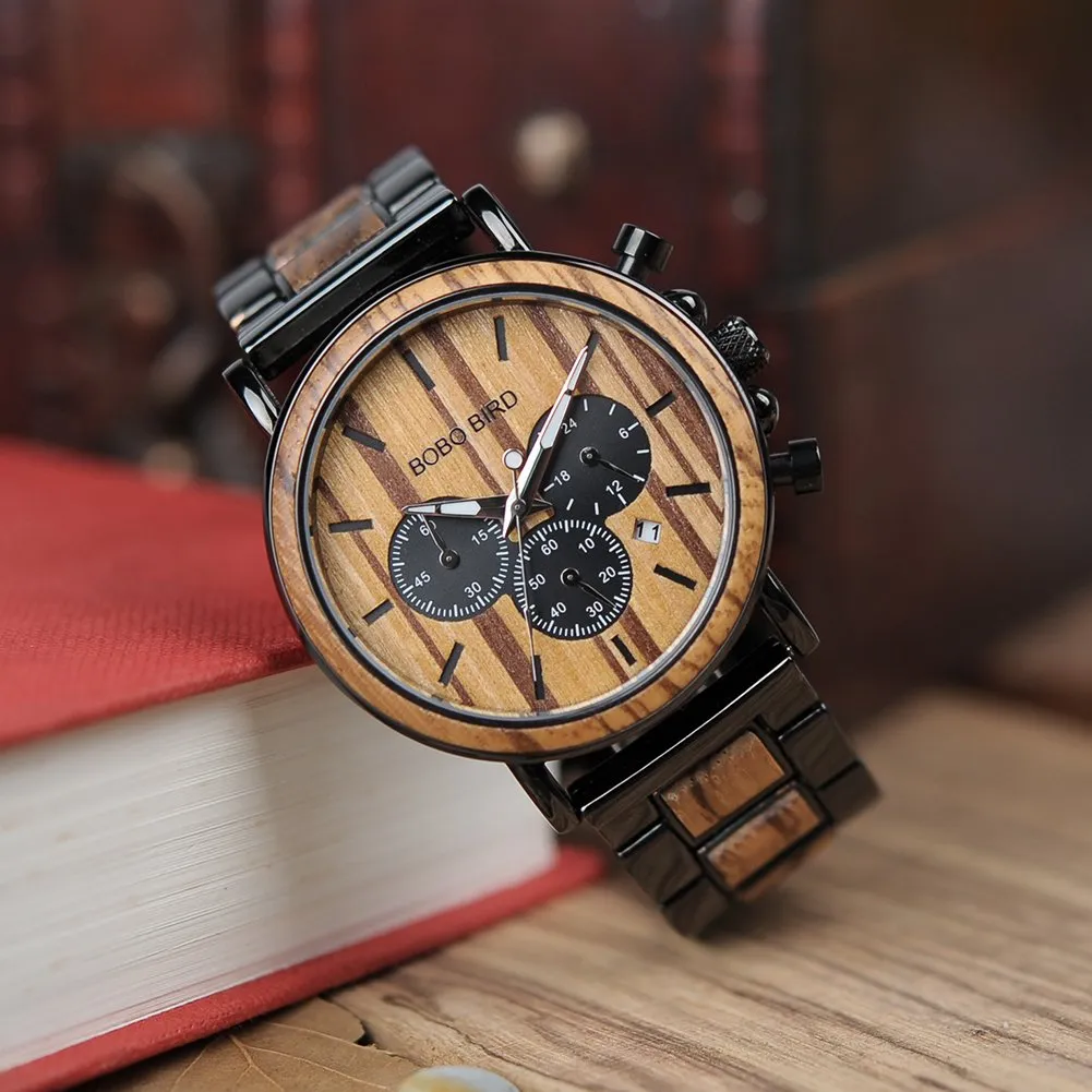 BOBO BIRD Mens Personalized Engraved Wooden Watches, Stylish Wood & Stainless Steel Combined Quartz Casual Wristwatches for Men Family Friends Customized Watch A-For Boyfriend