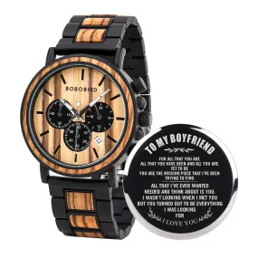 BOBO BIRD Mens Personalized Engraved Wooden Watches, Stylish Wood & Stainless Steel Combined Quartz Casual Wristwatches for Men Family Friends Customized Watch A-For Boyfriend