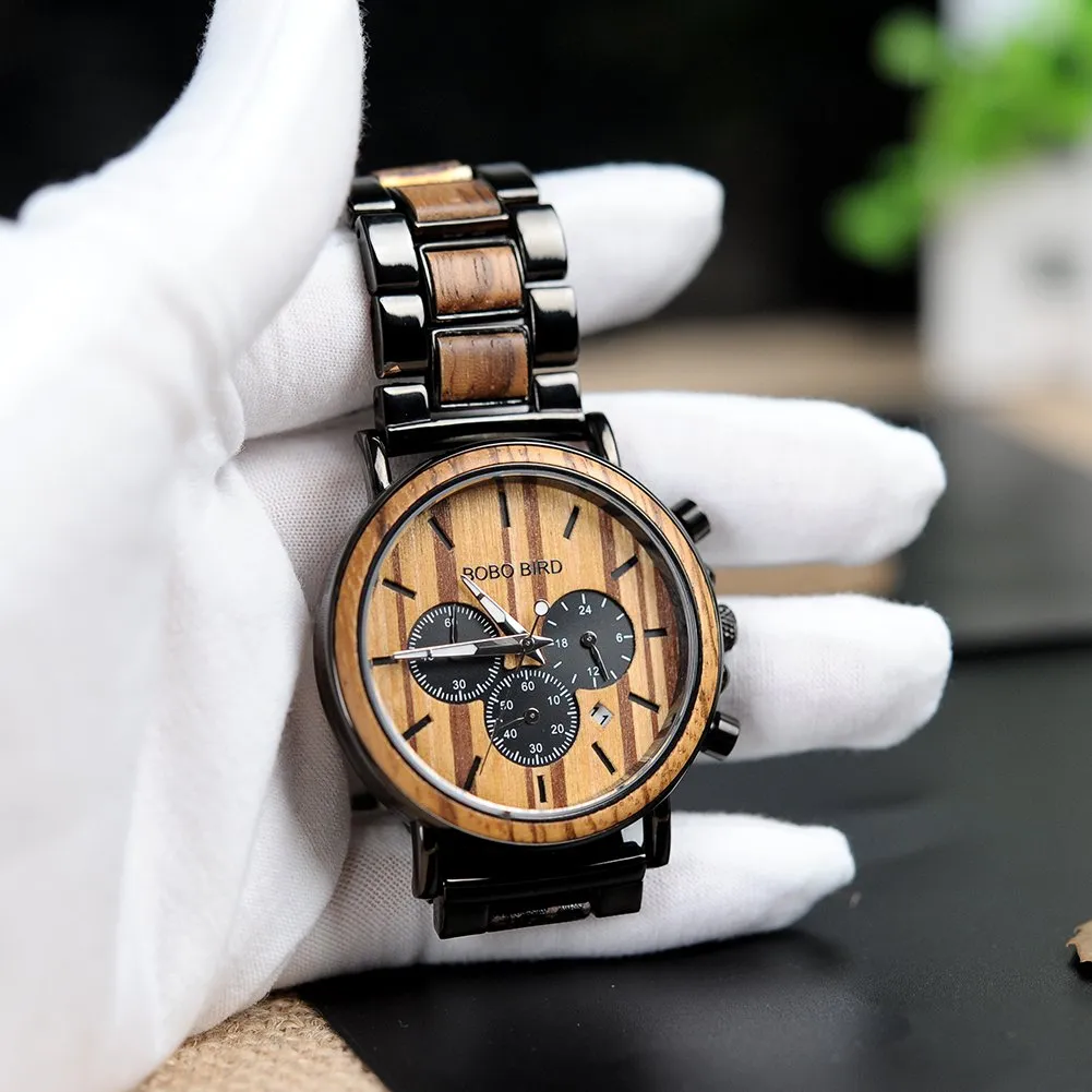 BOBO BIRD Mens Personalized Engraved Wooden Watches, Stylish Wood & Stainless Steel Combined Quartz Casual Wristwatches for Men Family Friends Customized Watch A-For Boyfriend