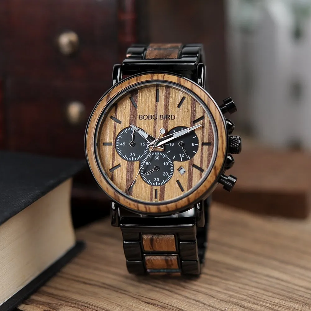 BOBO BIRD Mens Personalized Engraved Wooden Watches, Stylish Wood & Stainless Steel Combined Quartz Casual Wristwatches for Men Family Friends Customized Watch A-For Boyfriend