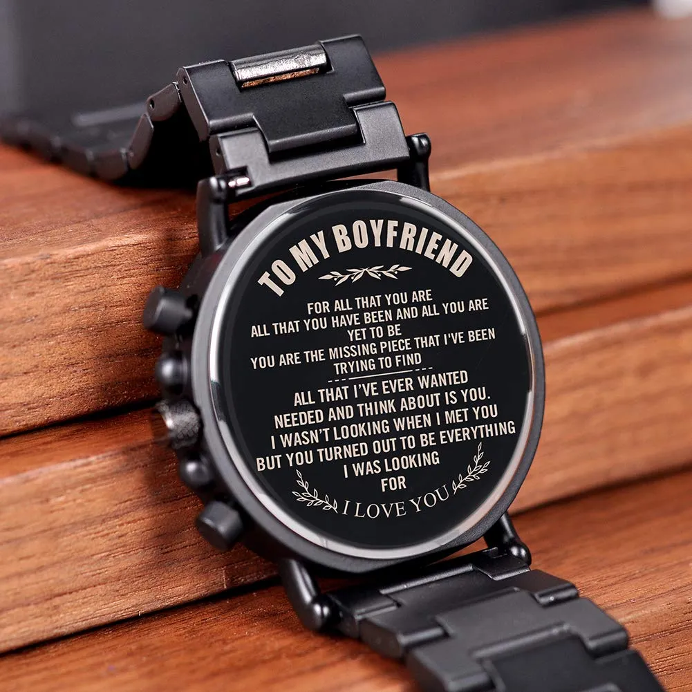 BOBO BIRD Mens Personalized Engraved Wooden Watches, Stylish Wood & Stainless Steel Combined Quartz Casual Wristwatches for Men Family Friends Customized Watch A-For Boyfriend