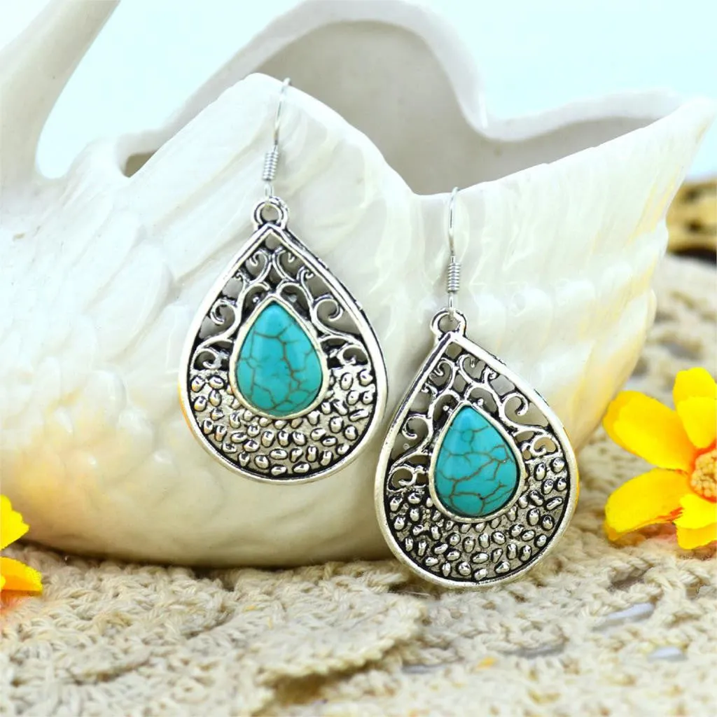 Bohemia Dangle Earrings Fashion Tibetan Turquoise Water Drop Shaped Earrings For Women Long Earrings Fine Jewelry