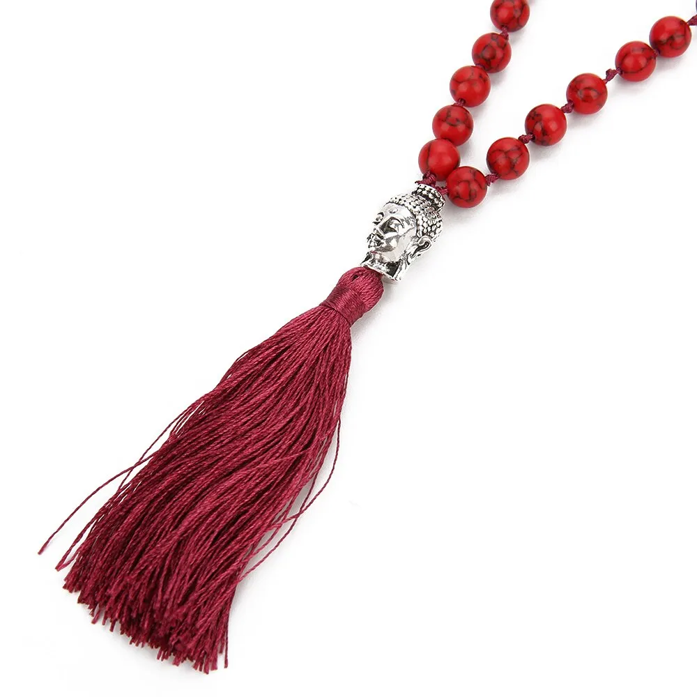 Boho 108 Mala Beaded Knotted Semi-precious Stone Jewelry Buddha Head Tassel Pendant Long Necklace