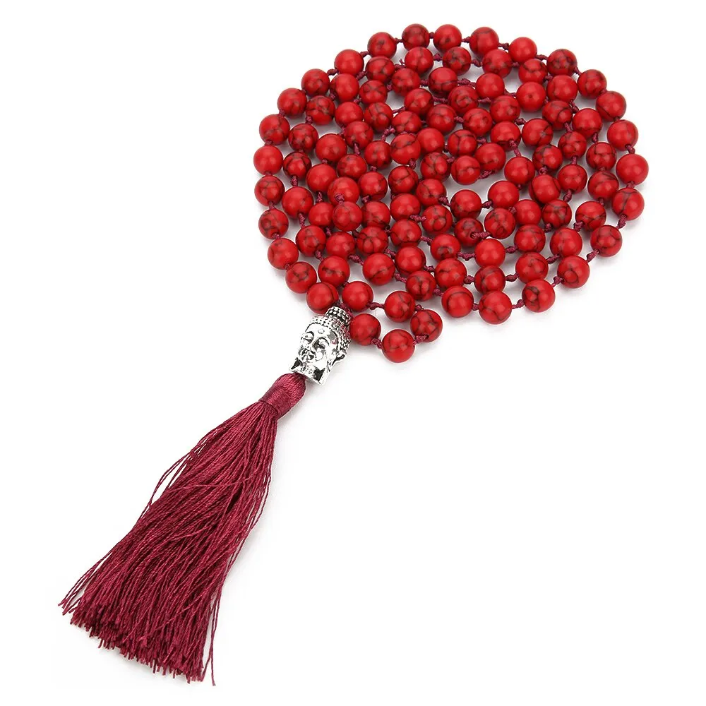 Boho 108 Mala Beaded Knotted Semi-precious Stone Jewelry Buddha Head Tassel Pendant Long Necklace