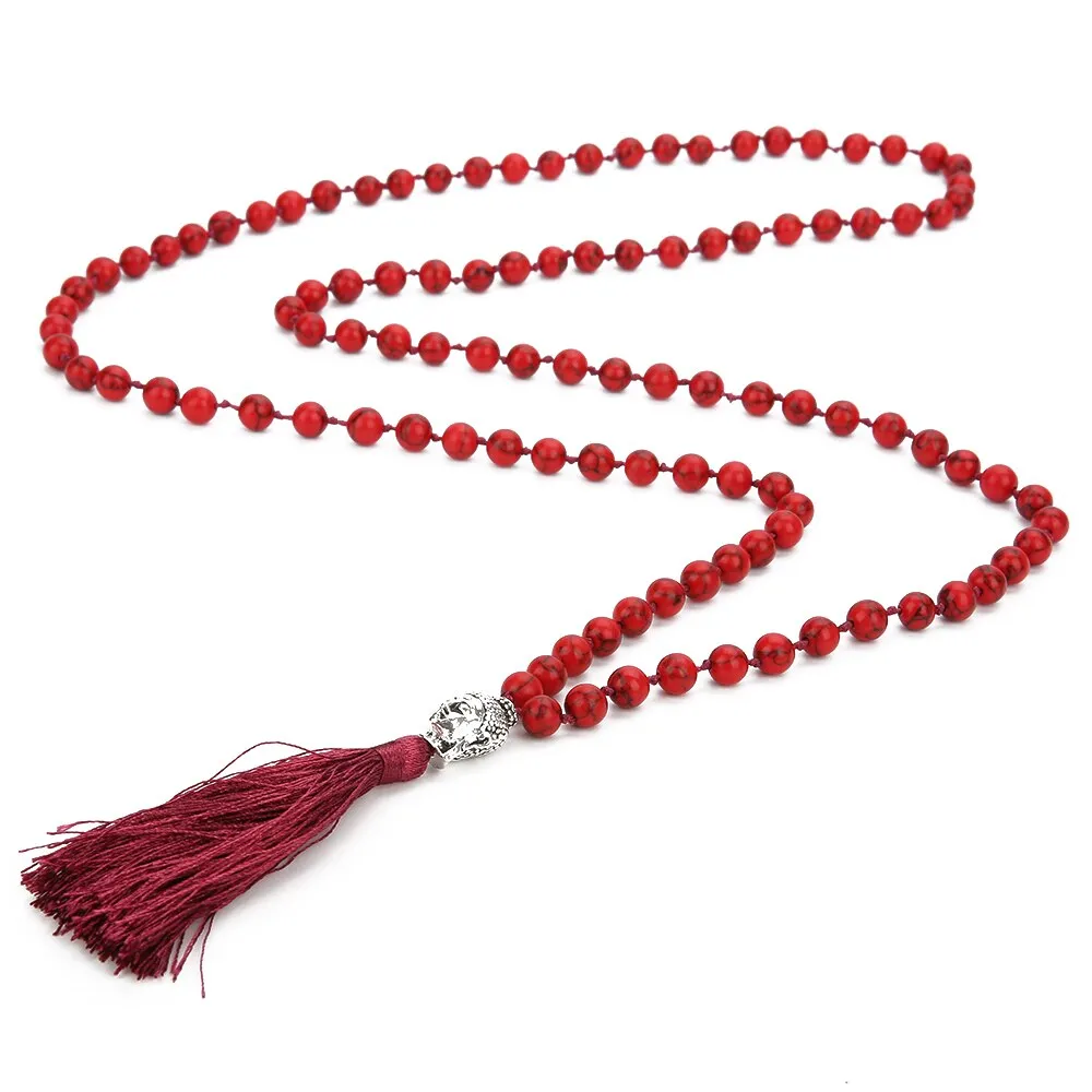 Boho 108 Mala Beaded Knotted Semi-precious Stone Jewelry Buddha Head Tassel Pendant Long Necklace