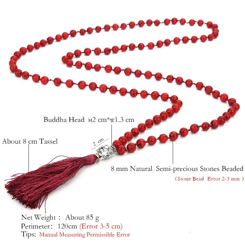 Boho 108 Mala Beaded Knotted Semi-precious Stone Jewelry Buddha Head Tassel Pendant Long Necklace