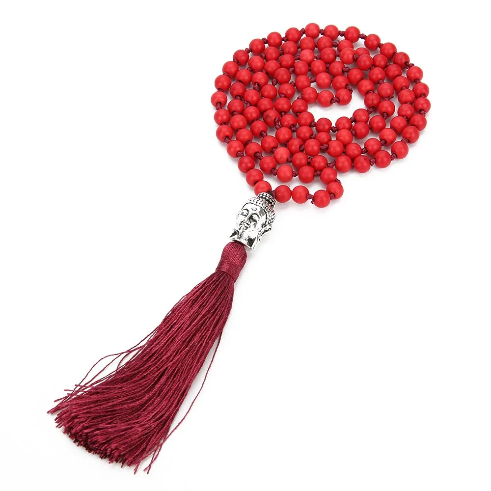 Boho 108 Mala Beaded Knotted Semi-precious Stone Jewelry Buddha Head Tassel Pendant Long Necklace