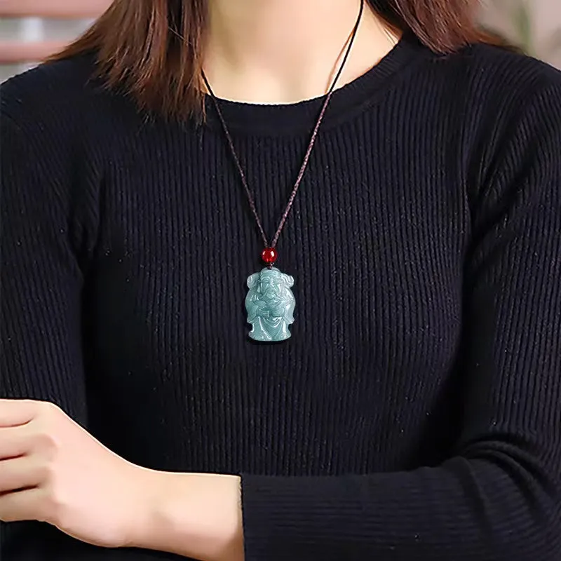 Cai Shen Jade Charm Pendant Necklace for Lucky Wealth Good Fortune Career Success
