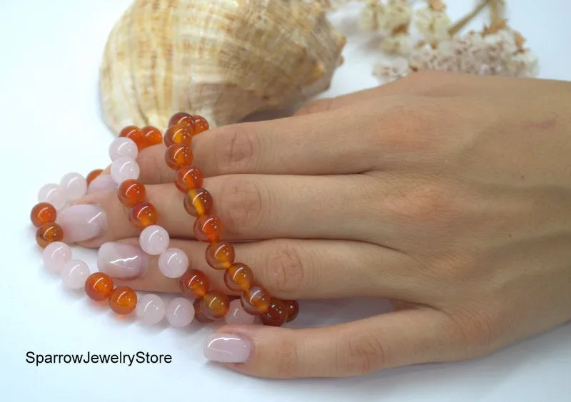 Carnelian stretch bracelet Adjustable carnelian rose quartz bracelet Protection success talisman Healing crystal bracelet Gemstone bracelets