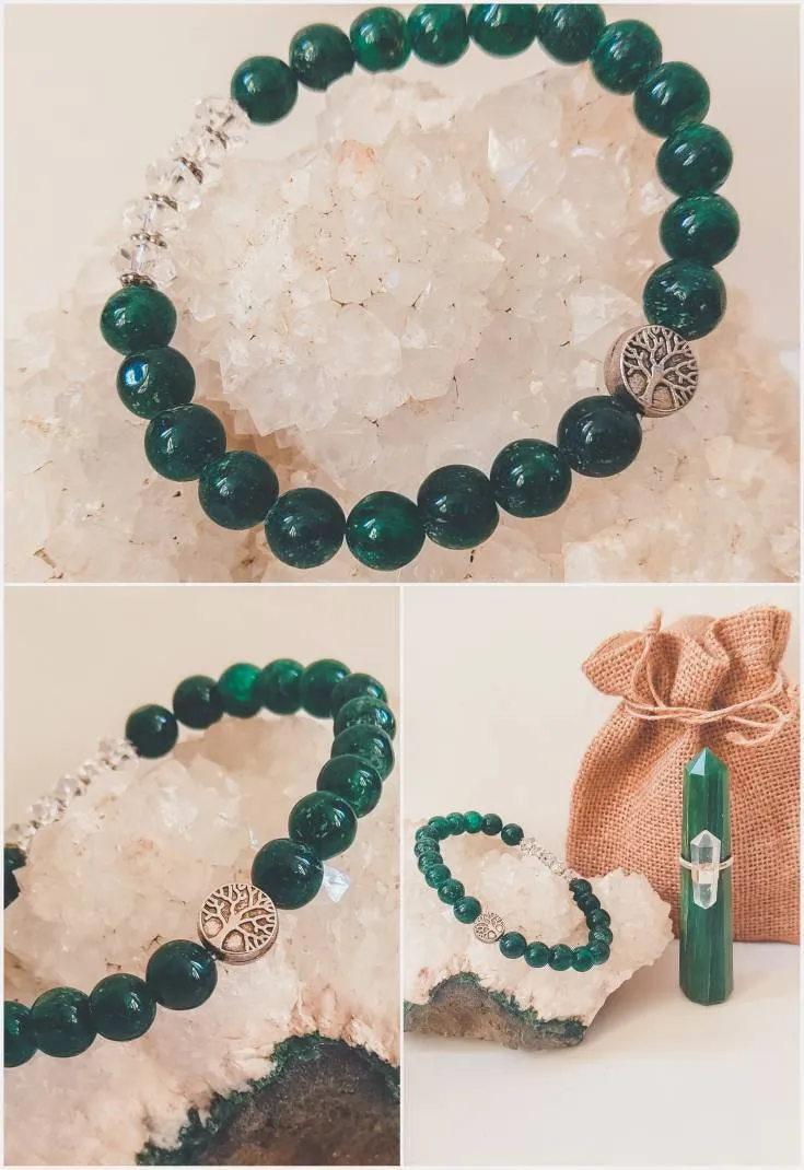 Dark Green Jade Clear Quartz Tree Charm Bracelet