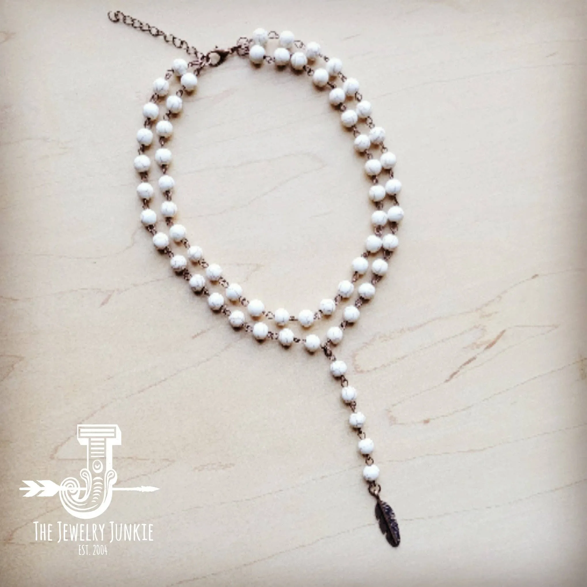 Double Strand Lariat White Turquoise Necklace Feather Charm