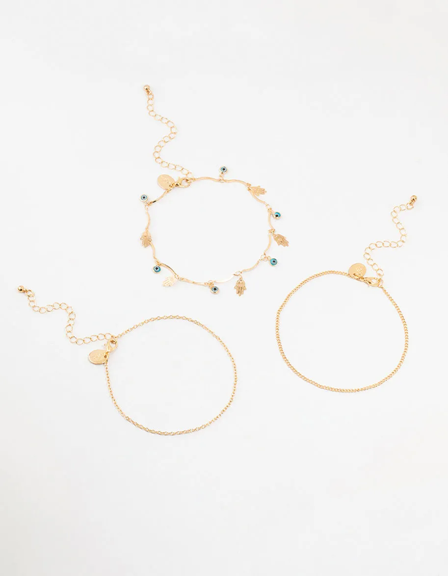 Gold Evil Eye & Hamsa Hand Anklets 3-Pack
