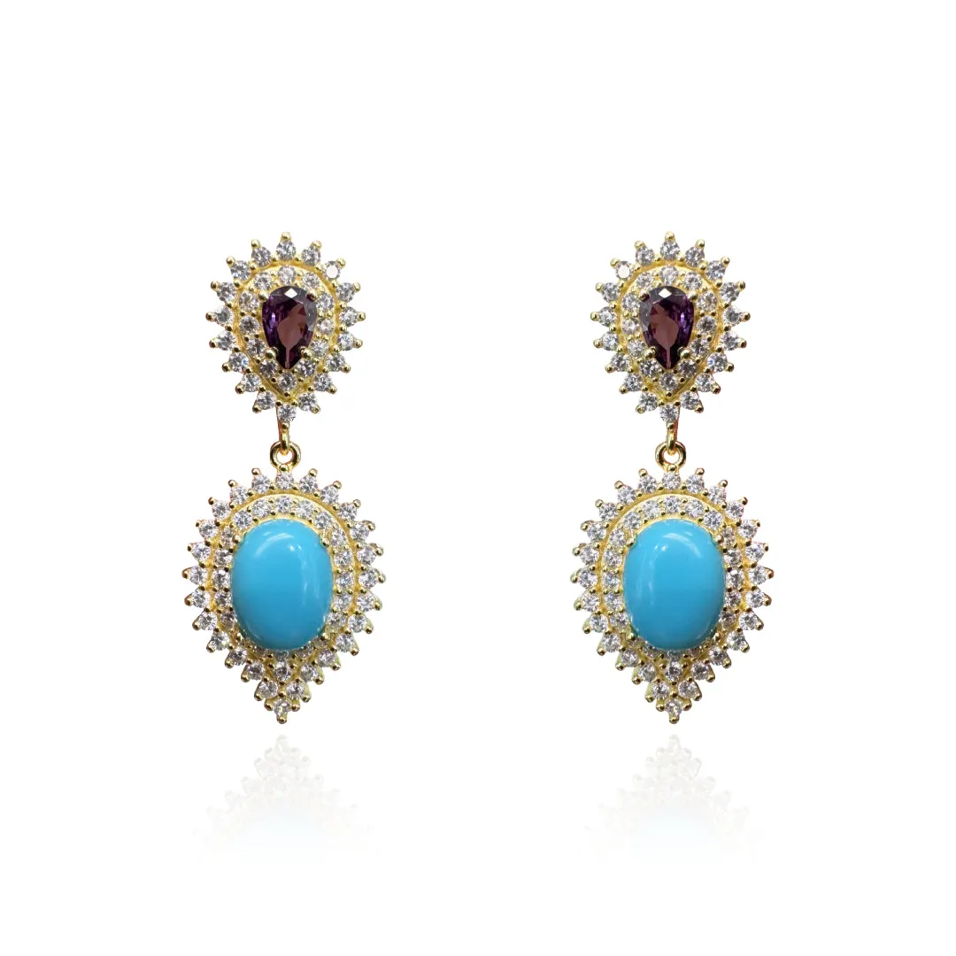 Gold Plated Turquoise and Amethyst CZ Drop Dressy Earrings